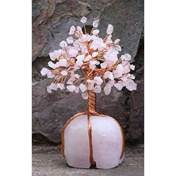 Rose Quartz Gemstone Tree of Life - Natural Rose Quartz Stone Base, Copper Wire Tree Money Tree, Crystal Tree for Positive Energy - Attract Good Luck, Chakra Tree, Feng Shui Decor, Spiritual Gift