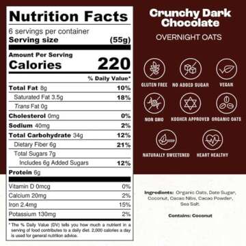 OATH Crunchy Dark Chocolate Overnight Oats - Gluten Free, Non-GMO, Vegan, Kosher 11.6 OZ (Pack of 1)