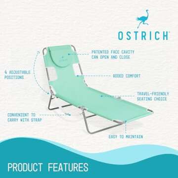 Ostrich Folding Beach Lounge Chair, Reclining Outdoor Chaise Lounger, Teal