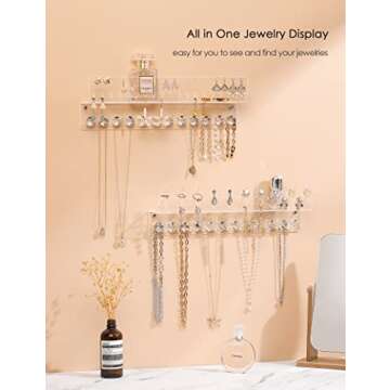 Oaque Acrylic Hanging Jewelry Organizer Wall Mounted Jewelry Holder with Floating Shelf, Necklace Holder Organizer, Stud Earring Organizer and Ring Holder for Women Girls (2 Pack)