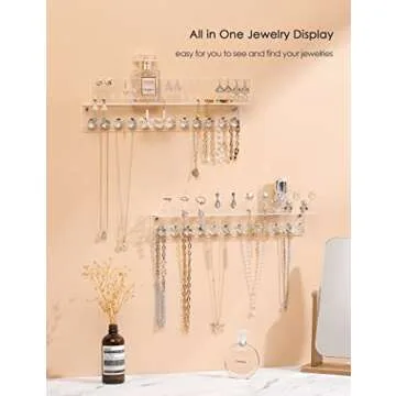 Oaque Acrylic Hanging Jewelry Organizer Wall Mounted Jewelry Holder with Floating Shelf, Necklace Holder Organizer, Stud Earring Organizer and Ring Holder for Women Girls (2 Pack)