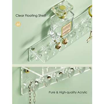 Oaque Acrylic Hanging Jewelry Organizer Wall Mounted Jewelry Holder with Floating Shelf, Necklace Holder Organizer, Stud Earring Organizer and Ring Holder for Women Girls (2 Pack)