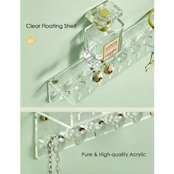Oaque Acrylic Hanging Jewelry Organizer Wall Mounted Jewelry Holder with Floating Shelf, Necklace Holder Organizer, Stud Earring Organizer and Ring Holder for Women Girls (2 Pack)