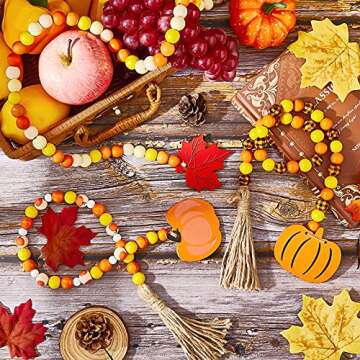 Jetec 3 Pieces Thanksgiving Wood Bead Garland Halloween Wooden Bead Tassels Ornament with Pumpkins and Maple Leaf Fall Harvest Tiered Tray Prayer Wreath Bead Garland Hanging Decoration for Tree Wall