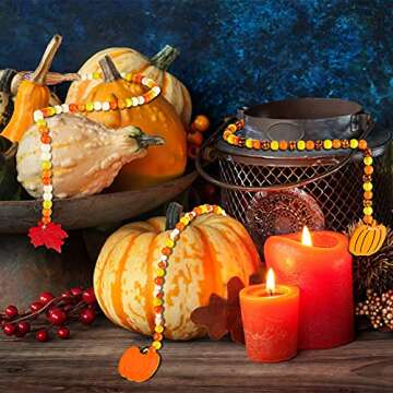 Jetec 3 Pieces Thanksgiving Wood Bead Garland Halloween Wooden Bead Tassels Ornament with Pumpkins and Maple Leaf Fall Harvest Tiered Tray Prayer Wreath Bead Garland Hanging Decoration for Tree Wall