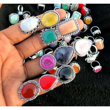 SUNYARAN All Adjustable Gemstone Silver Rings - 10 Pcs - Women Silver Plated Statement Wholesale Jew...