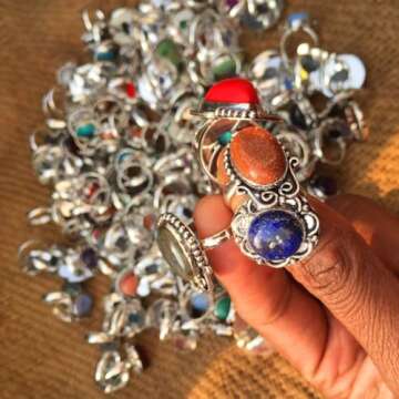 SUNYARAN All Adjustable Gemstone Silver Rings - 10 Pcs - Women Silver Plated Statement Wholesale Jewelry Set Chunky Silver Rings Pack Handmade Gothic Vintage Ring