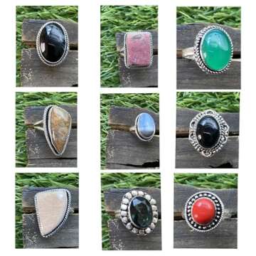 SUNYARAN All Adjustable Gemstone Silver Rings - 10 Pcs - Women Silver Plated Statement Wholesale Jewelry Set Chunky Silver Rings Pack Handmade Gothic Vintage Ring