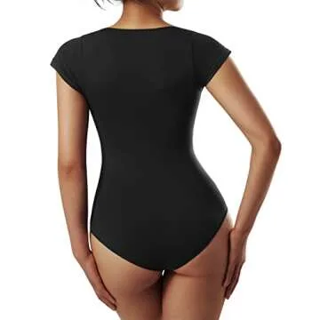 SUUKSESS Women Cap Sleeve Square Neck Bodysuit Seamless Short Sleeve Body Suit Top (Black, S)
