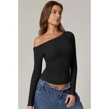 QINSEN Y2k Tops for Women One Shoulder Long Sleeve Slim Fit Tees Double Lined Ruched Crop Tees Black M
