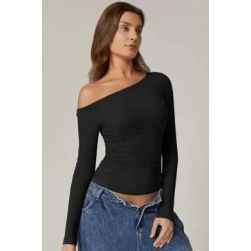 QINSEN Y2k Tops for Women One Shoulder Long Sleeve Slim Fit Tees Double Lined Ruched Crop Tees Black M