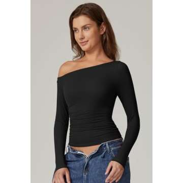 QINSEN Y2k Tops for Women One Shoulder Long Sleeve Slim Fit Tees Double Lined Ruched Crop Tees Black M