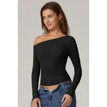 QINSEN Y2k Tops for Women One Shoulder Long Sleeve Slim Fit Tees Double Lined Ruched Crop Tees Black M