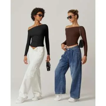 QINSEN Y2k Tops for Women One Shoulder Long Sleeve Slim Fit Tees Double Lined Ruched Crop Tees Black M