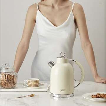 ASCOT Electric Kettle, Stainless Steel Electric Tea Kettle Gifts for Men/Women/Family 1.5L 1500W Retro Tea Heater & Hot Water Boiler, Auto Shut-Off and Boil-Dry Protection (Cream)