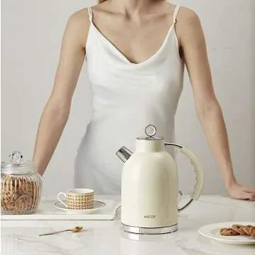 ASCOT Electric Kettle, Stainless Steel Electric Tea Kettle Gifts for Men/Women/Family 1.5L 1500W Retro Tea Heater & Hot Water Boiler, Auto Shut-Off and Boil-Dry Protection (Cream)