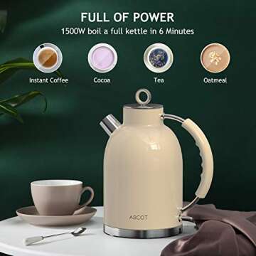 ASCOT Electric Kettle, Stainless Steel Electric Tea Kettle Gifts for Men/Women/Family 1.5L 1500W Retro Tea Heater & Hot Water Boiler, Auto Shut-Off and Boil-Dry Protection (Cream)