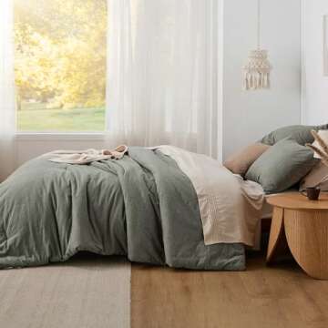 Bedsure Comforter Set Full Size - Cotton Fabric with Microfiber Inner Fill, Grayish Olive Green Soft Bed Set for All Seasons, 3 Pieces, 1 Comforter (82" x 86") and 2 Pillow Cases (20" x 26")
