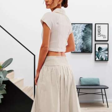 Women Y2k Bubble Maxi Skirt Summer Elastic Low Waist A Line Long Skirt Casual Fairy Ruffle Pleated Midi Dress Beige