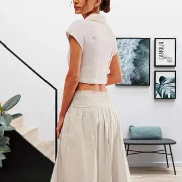 Women Y2k Bubble Maxi Skirt Summer Elastic Low Waist A Line Long Skirt Casual Fairy Ruffle Pleated Midi Dress Beige