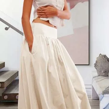 Women Y2k Bubble Maxi Skirt Summer Elastic Low Waist A Line Long Skirt Casual Fairy Ruffle Pleated Midi Dress Beige