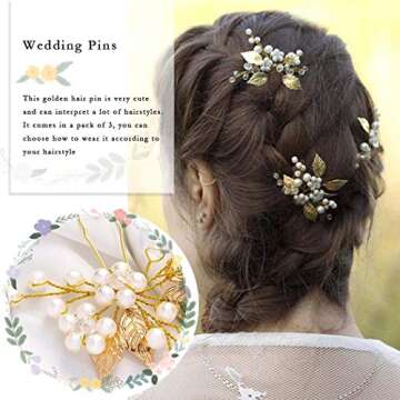 Gorais Pearl Bride Wedding Hair Pins Leaf Bridal Hair pieces Rhinestone Hair Clips Hair Accessories for Women and Girls (Pack of 3) (A-Gold)