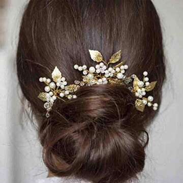 Gorais Pearl Bride Wedding Hair Pins Leaf Bridal Hair pieces Rhinestone Hair Clips Hair Accessories for Women and Girls (Pack of 3) (A-Gold)