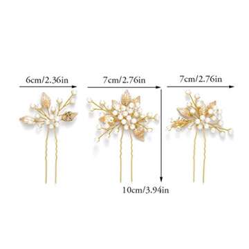 Gorais Pearl Bride Wedding Hair Pins Leaf Bridal Hair pieces Rhinestone Hair Clips Hair Accessories for Women and Girls (Pack of 3) (A-Gold)