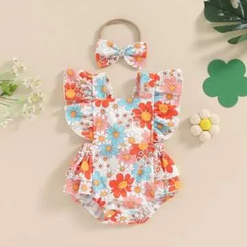 ZAXARRA Little Baby Girls 2Pcs Summer Fly Sleeve Flower Print Bodysuit with Headband
