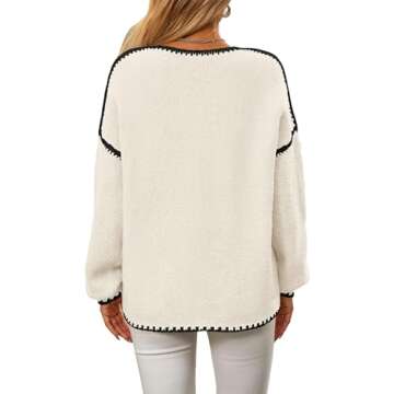KIRUNDO Womens Sweaters 2025 Fall Oversized Long Sleeve Chunky Knit Crew Neck Contrast Stitching Pullover Winter Clothes(White, Medium)