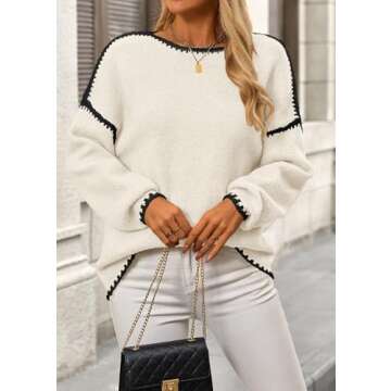 KIRUNDO Womens Sweaters 2025 Fall Oversized Long Sleeve Chunky Knit Crew Neck Contrast Stitching Pullover Winter Clothes(White, Medium)