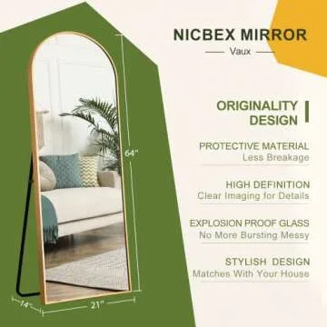 NicBex Arch Full Length Mirror, 64" x 21" Metal Free-Standing Mirror as Floor Mirror for Bedroom/Bathroom/Dorm Room/Dressing Vanity, Full Size and Modern Design, Gold(with Stand)