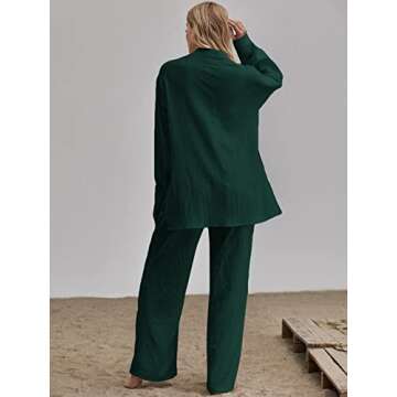 Floerns Women's 2 Piece Outfits Slit Hem Longline Blouse and Wide Leg Pants Set Dark Green M