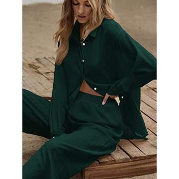 Floerns Women's 2 Piece Outfits Slit Hem Longline Blouse and Wide Leg Pants Set Dark Green M