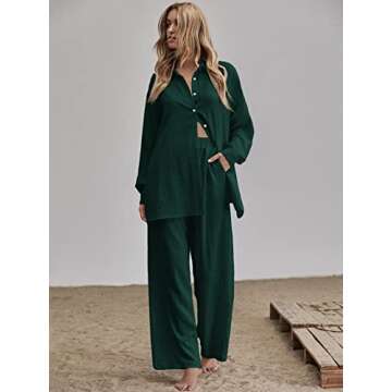Floerns Women's 2 Piece Outfits Slit Hem Longline Blouse and Wide Leg Pants Set Dark Green M