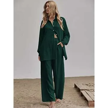 Floerns Women's 2 Piece Outfits Slit Hem Longline Blouse and Wide Leg Pants Set Dark Green M