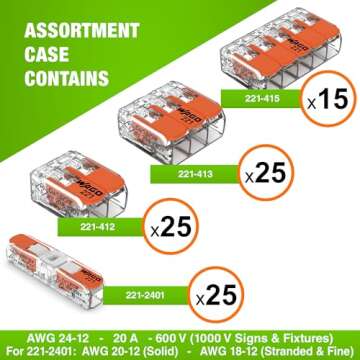 WAGO 221 Series 90pc Compact Splicing Wire Connectors | Includes (25x 221-2401), (25x 221-412), (25x...