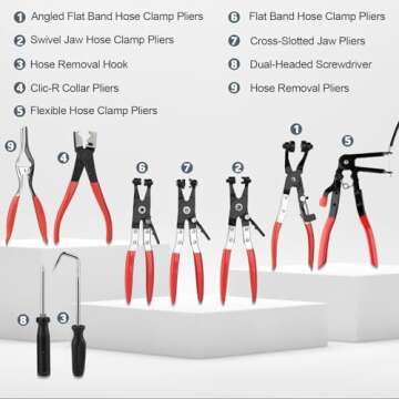 9PCS Hose Clamp Pliers, Long Reach Hose Clamp Tool Remover for Water Hose and Automotive Coolant Rad...