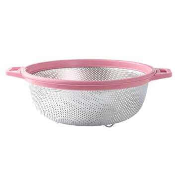 HiramWare Stainless Steel Colander With Handle and Legs, Large Metal Pink Strainer for Pasta, Spaghetti, Berry, Veggies, Fruits, Noodles, Salads, 5-quart 10.5” Kitchen Mesh Colander, Dishwasher Safe