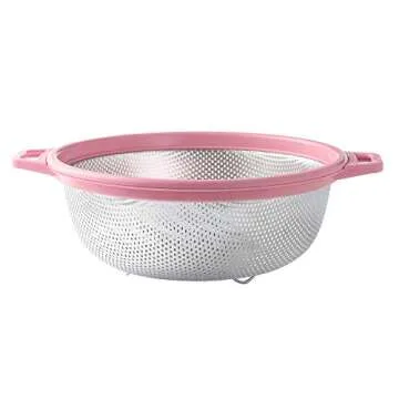HiramWare Stainless Steel Colander With Handle and Legs, Large Metal Pink Strainer for Pasta, Spaghetti, Berry, Veggies, Fruits, Noodles, Salads, 5-quart 10.5” Kitchen Mesh Colander, Dishwasher Safe