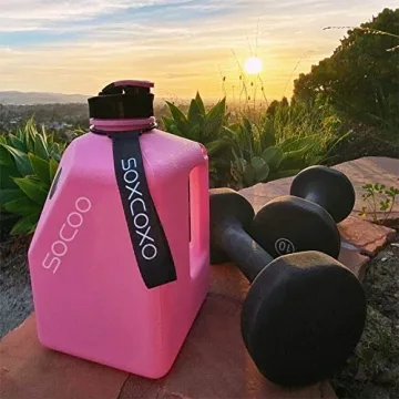 SOCOO Square Gallon Water Bottle 91oz/2.7Litre pink water jug Leak-Proof for Gym Fitness Sport Workout with Time Marker half gallon water bottle with a magnetic plate for holding a phone (91oz Pink)