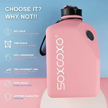SOCOO Square Gallon Water Bottle 91oz/2.7Litre pink water jug Leak-Proof for Gym Fitness Sport Workout with Time Marker half gallon water bottle with a magnetic plate for holding a phone (91oz Pink)