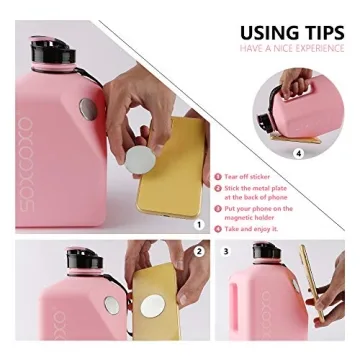 SOCOO Square Gallon Water Bottle 91oz/2.7Litre pink water jug Leak-Proof for Gym Fitness Sport Workout with Time Marker half gallon water bottle with a magnetic plate for holding a phone (91oz Pink)