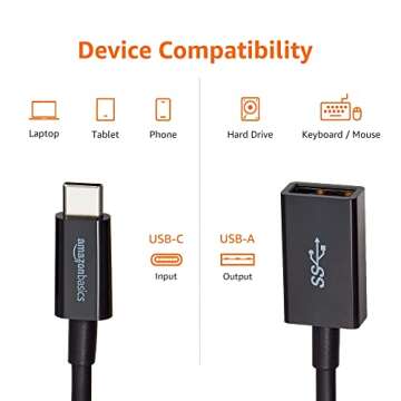 Amazon Basics USB 3.1 USB-C to USB-A Female Adapter Cable Converter, 5Gbps High-Speed, USB-IF Certified, for Laptops, Tablets, Phones (iPhone 16/15), Black