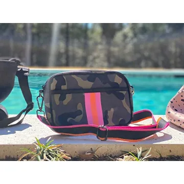 Womens Neoprene Crossbody Camera Bag (Pink & Orange Stripe)