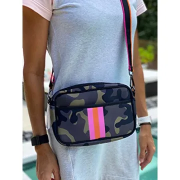 Womens Neoprene Crossbody Camera Bag (Pink & Orange Stripe)