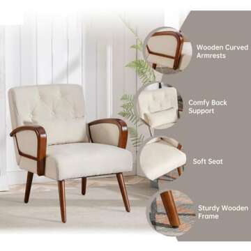 Bonzy Home Linen Fabric Accent Chair Comfy Mid Century Modern Armchair for Living Room Bedroom, Button Tufted Upholstered Reading Single Sofa Chairs, Classic Beige