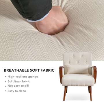 Bonzy Home Linen Fabric Accent Chair Comfy Mid Century Modern Armchair for Living Room Bedroom, Button Tufted Upholstered Reading Single Sofa Chairs, Classic Beige