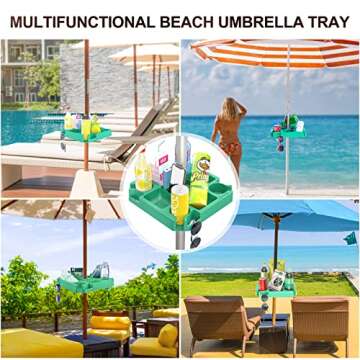 Keten 16" Beach Umbrella Table Tray with 4 Cup Holders, 4 Snack Compartments, 4 Sunglasses Holes, 4 Phone Slots, Umbrella Table for Beach, Patio, Garden, Swimming Pool