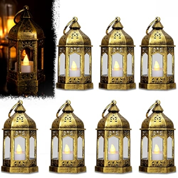 SHYMERY Mini Lantern with Flickering LED Tea Lights, Batteries Included, Vintage Decorative Hanging ...